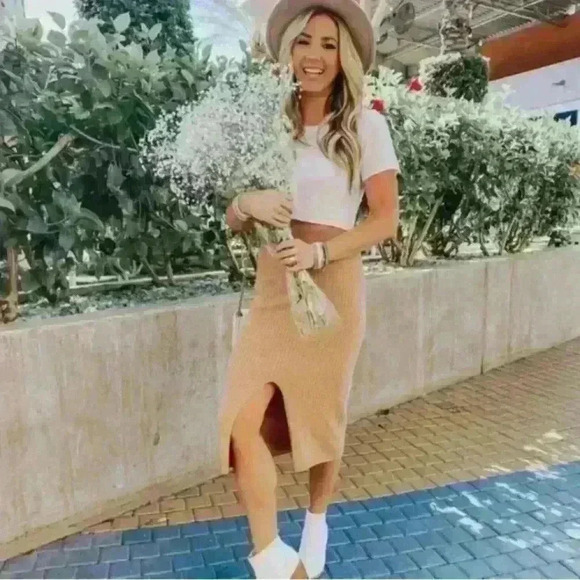 Free People Womens Pencil Skirt Size X Small Carmel Heather Split Front Ribbed - Picture 2 of 6